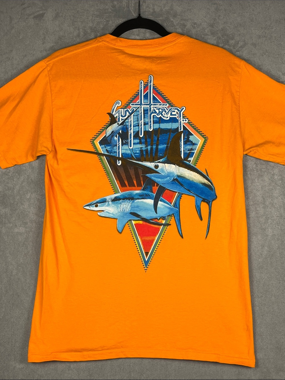 Guy Harvey AFTCO Bluewater Fishing Graphic Pocket Tee Men’s S Orange